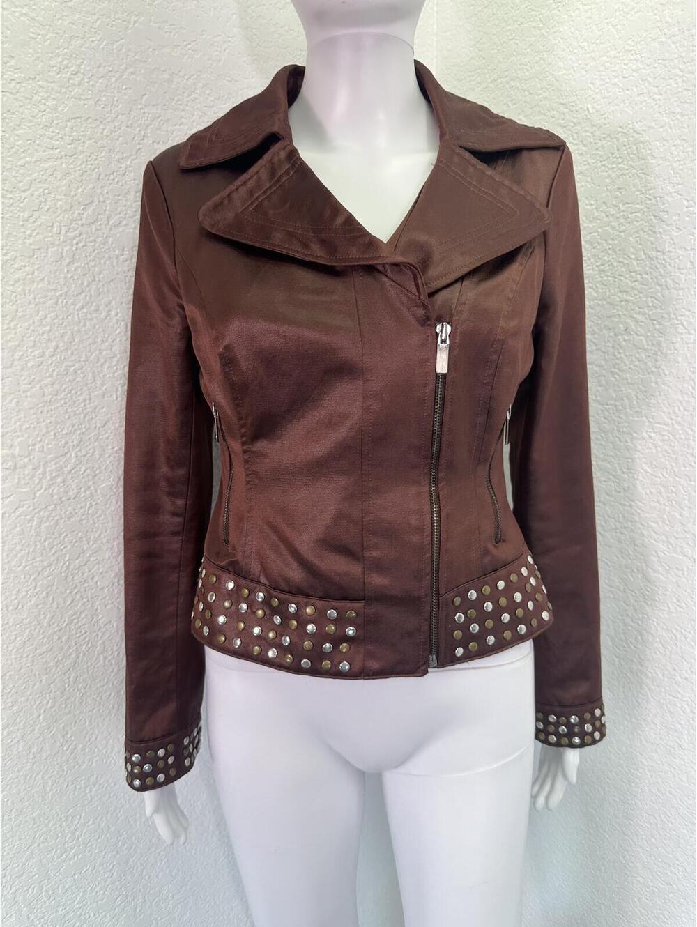 Sz Small Bebe Bronze Satin Motorcycle Jacket Y2K Silver Gold Stud Accents